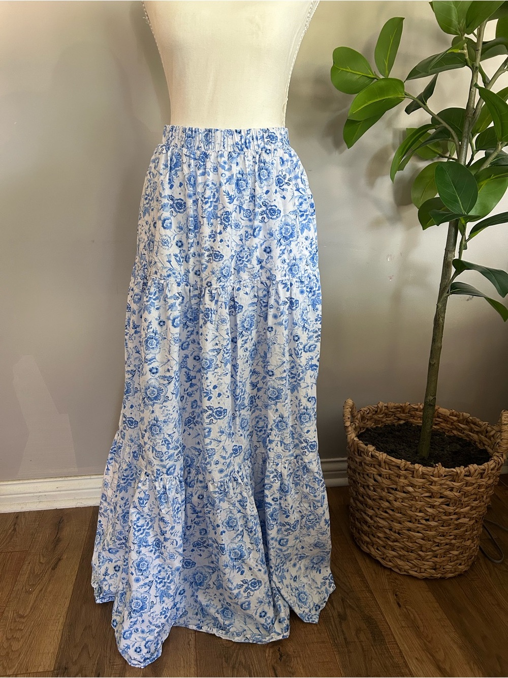 Blue and White Floral Tiered Cotton Maxi Skirt